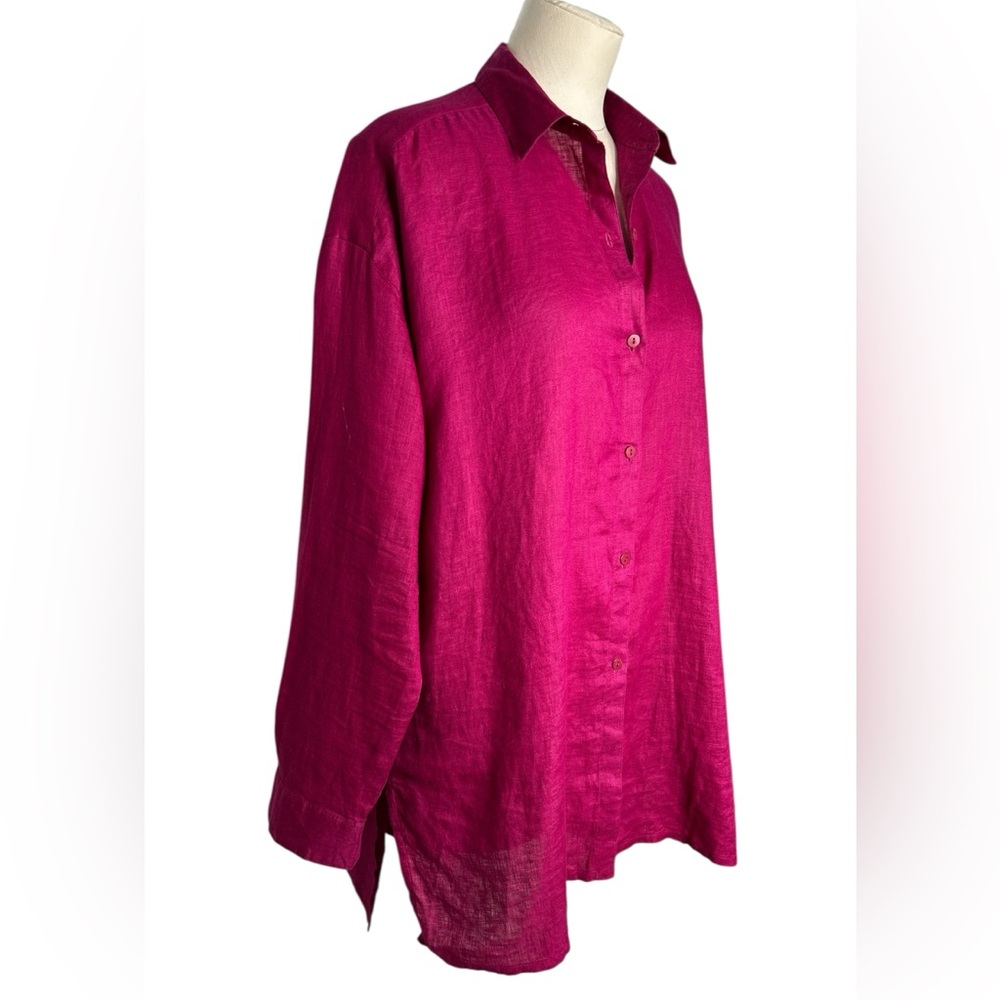 Eileen Fisher Irish Linen button down Shirt Magenta Medium - Picture 2 of 9